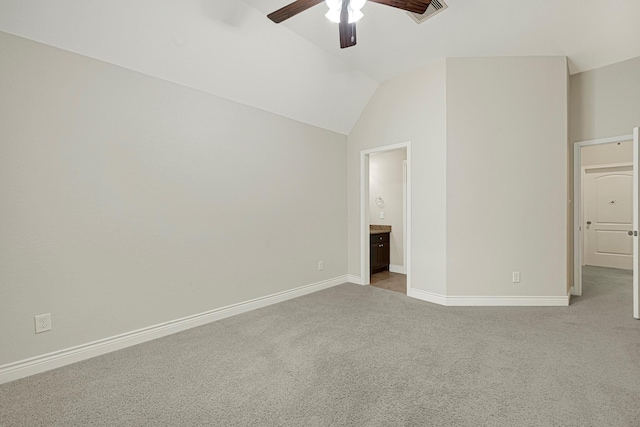 20010 Barrow Edge Ln, Cypress, TX 77433 - unfurnished bedroom featuring carpet flooring, lofted ceiling, ensuite bathroom, and a ceiling fan