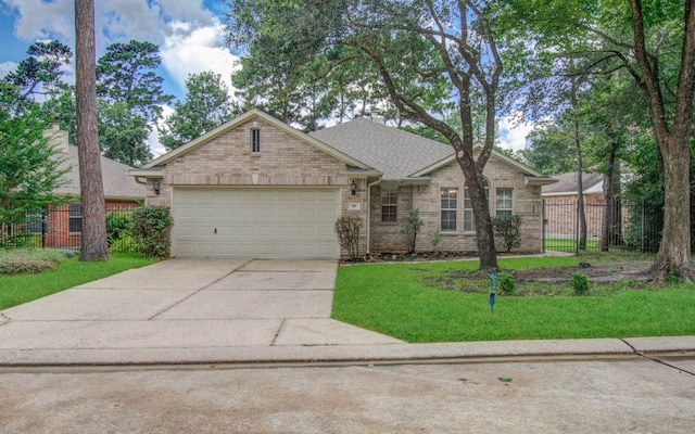 99 E Foxbriar Forest Cir, The Woodlands, TX 77382 - view of front of house with an attached garage, concrete driveway, brick siding, and a shingled roof