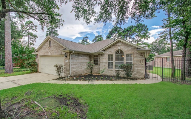 99 E Foxbriar Forest Cir, The Woodlands, TX 77382 - ranch-style house featuring a garage, brick siding, concrete driveway, and a shingled roof