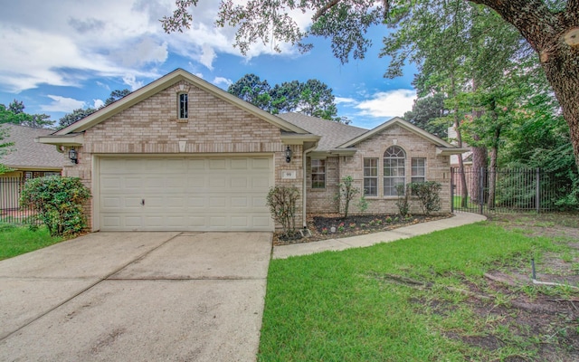 99 E Foxbriar Forest Cir, The Woodlands, TX 77382 - ranch-style house with concrete driveway, a garage, brick siding, and a shingled roof