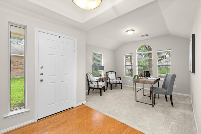 99 E Foxbriar Forest Cir, The Woodlands, TX 77382 - home office with plenty of natural light, vaulted ceiling, and light wood-style flooring