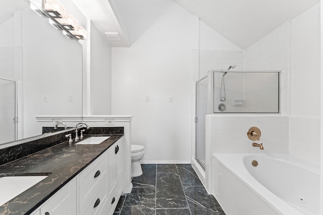 16323 Tiburon Way, Houston, TX 77053 - bathroom featuring marble finish flooring, double vanity, a garden tub, a stall shower, and vaulted ceiling