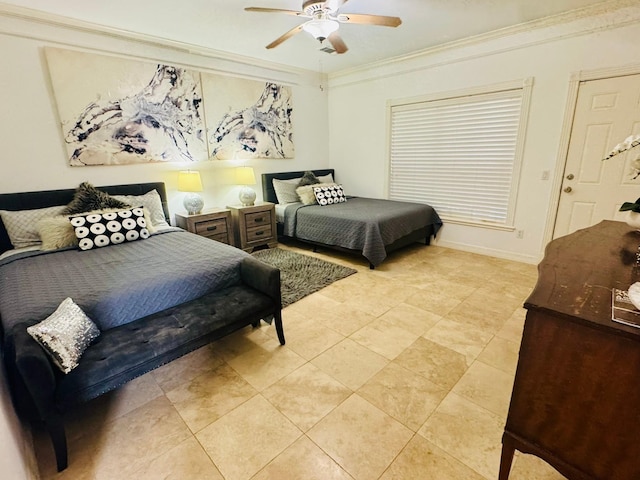 1812 Prospect St, Houston, TX 77004 - bedroom with ornamental molding, light tile patterned flooring, and a ceiling fan