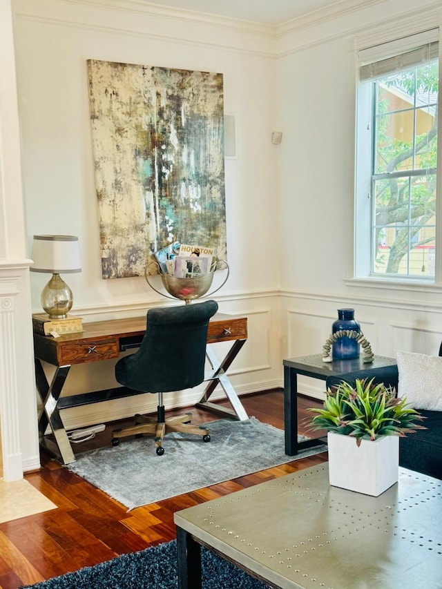 1812 Prospect St, Houston, TX 77004 - office with dark wood-style floors, crown molding, and a wainscoted wall