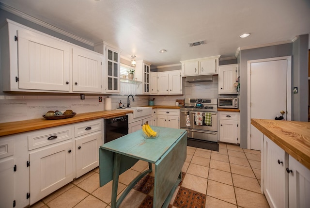 925 Royal Rd, Port Lavaca, TX 77979 - kitchen featuring range with two ovens, wooden counters, dishwasher, under cabinet range hood, and ornamental molding
