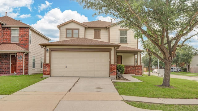 7255 Liberty Mesa Ln, Houston, TX 77049 - traditional-style house with a garage, driveway, a front yard, brick siding, and roof with shingles