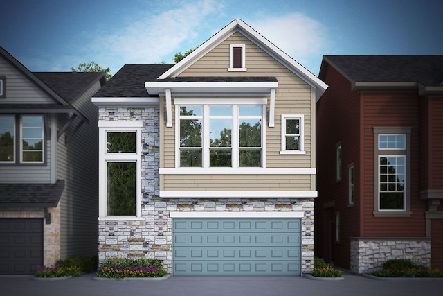 16040 Hayes Park Dr, Houston, TX 77079 - view of front facade with stone siding, an attached garage, and concrete driveway