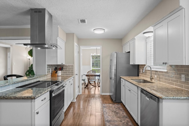 32047 S Wiggins St, Magnolia, TX 77355 - kitchen with appliances with stainless steel finishes, island exhaust hood, white cabinets, hardwood / wood-style flooring, and decorative backsplash