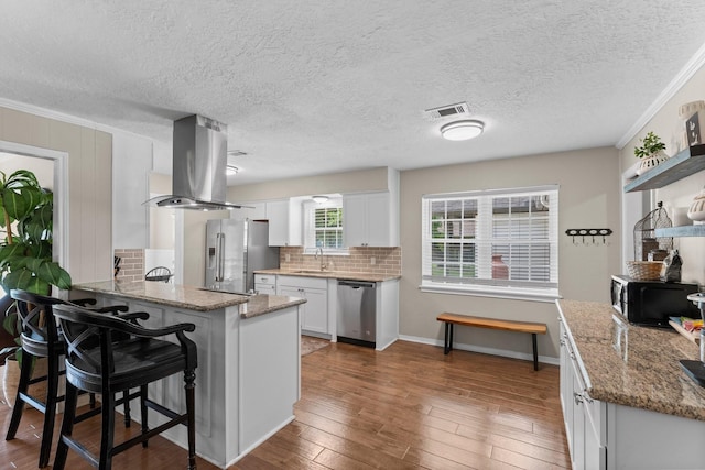 32047 S Wiggins St, Magnolia, TX 77355 - kitchen featuring stainless steel appliances, island exhaust hood, white cabinetry, backsplash, and a peninsula