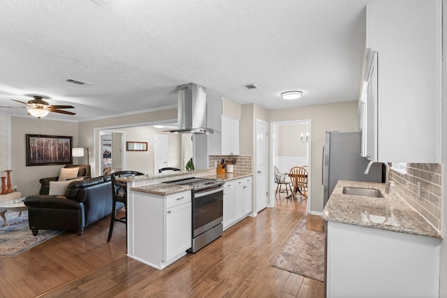 32047 S Wiggins St, Magnolia, TX 77355 - kitchen featuring stainless steel appliances, island range hood, light wood finished floors, white cabinetry, and open floor plan