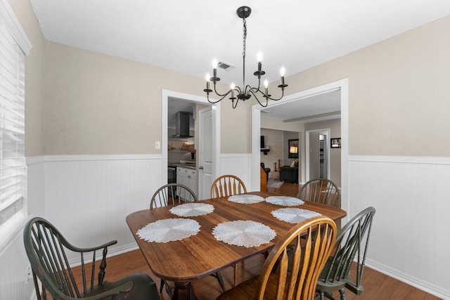 32047 S Wiggins St, Magnolia, TX 77355 - dining room with a wainscoted wall, a chandelier, and wood finished floors