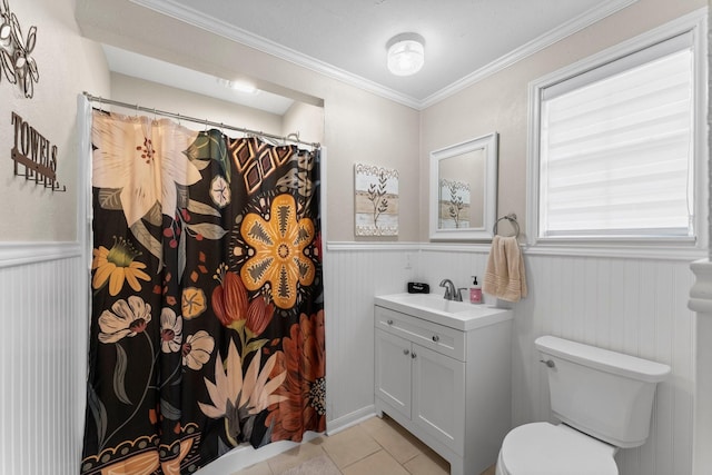 32047 S Wiggins St, Magnolia, TX 77355 - full bath with vanity, tile patterned floors, a wainscoted wall, ornamental molding, and a shower with shower curtain