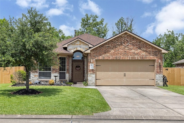 18715 Deer Trace Dr, Crosby, TX 77532 - view of front of house featuring stone siding, driveway, a garage, brick siding, and a shingled roof