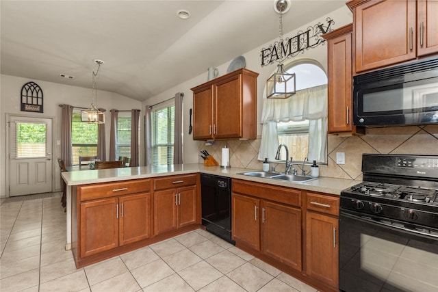 18715 Deer Trace Dr, Crosby, TX 77532 - kitchen featuring black appliances, a peninsula, light countertops, backsplash, and vaulted ceiling