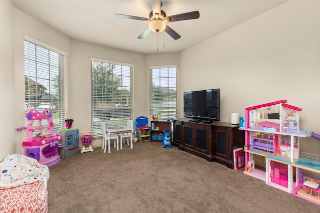 18715 Deer Trace Dr, Crosby, TX 77532 - recreation room featuring carpet flooring and a ceiling fan
