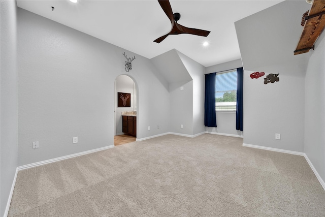 14314 Prosper Ridge Dr, Cypress, TX 77429 - bonus room featuring ceiling fan, light carpet, arched walkways, recessed lighting, and vaulted ceiling