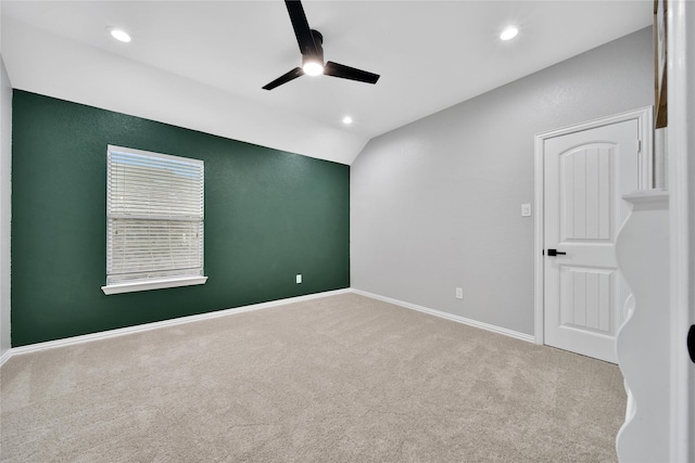 14314 Prosper Ridge Dr, Cypress, TX 77429 - spare room featuring ceiling fan, carpet, vaulted ceiling, and recessed lighting