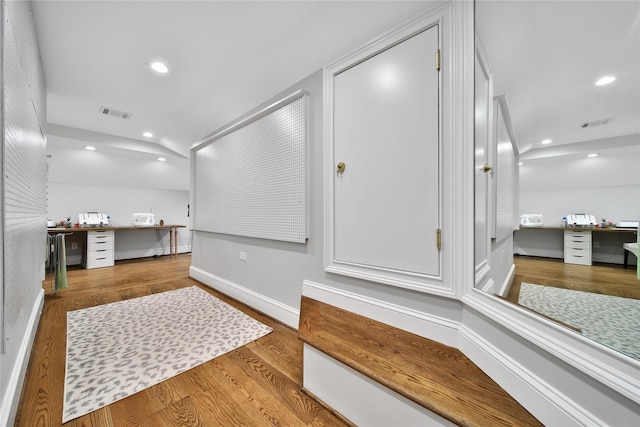 14314 Prosper Ridge Dr, Cypress, TX 77429 - bathroom with wood finished floors, recessed lighting, and lofted ceiling