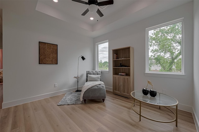 776 Mansfield St, Houston, TX 77091 - sitting room with plenty of natural light, a raised ceiling, light wood finished floors, ceiling fan, and recessed lighting