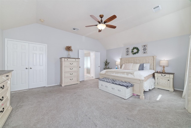 18914 Woodglen Shadows Dr, Humble, TX 77346 - bedroom with vaulted ceiling, carpet flooring, ceiling fan, a closet, and connected bathroom