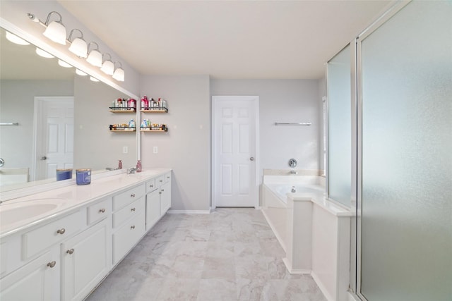 18914 Woodglen Shadows Dr, Humble, TX 77346 - full bathroom with double vanity, a bath, marble finish floors, and a stall shower