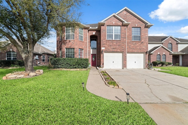 18914 Woodglen Shadows Dr, Humble, TX 77346 - traditional-style home featuring driveway, brick siding, a garage, and a front yard