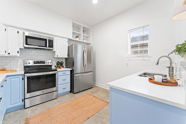 2909 Arbor St, Houston, TX 77004 - kitchen with stainless steel appliances, backsplash, open shelves, light countertops, and white cabinets