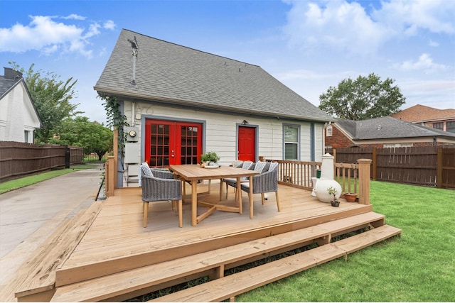 2909 Arbor St, Houston, TX 77004 - wooden deck featuring outdoor dining area, a fenced backyard, and french doors