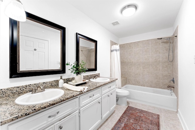 2909 Arbor St, Houston, TX 77004 - bathroom featuring double vanity, shower / bathtub combination with curtain, and tile patterned floors