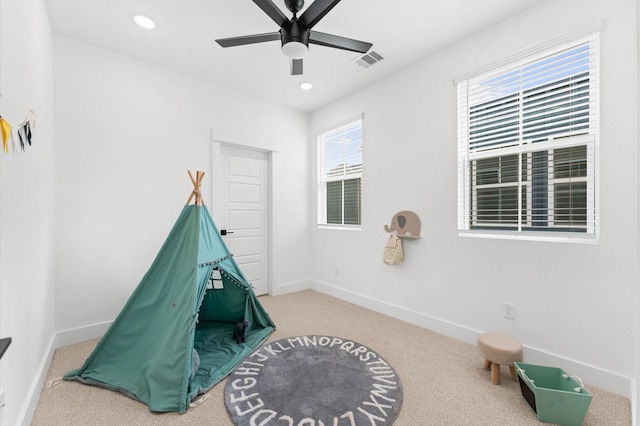2213 Springwood Vista Ln, Houston, TX 77055 - recreation room with carpet flooring, ceiling fan, and recessed lighting