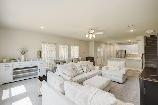 527 Dr Martin Luther King Jr Dr Unit D, La Porte, TX 77571 - living area with a ceiling fan, light colored carpet, stairway, and recessed lighting
