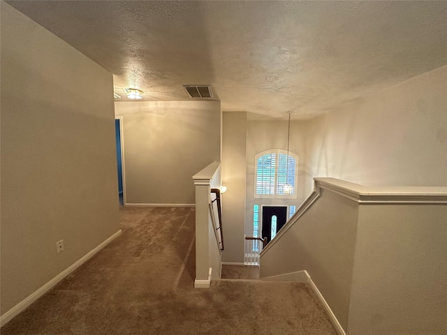 12807 Stratford Heights Dr, Sugar Land, TX 77498 - staircase featuring carpet floors and a textured ceiling