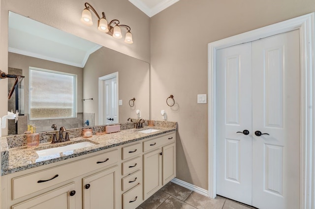 19443 Alton Springs Dr, Cypress, TX 77433 - bathroom with ornamental molding, double vanity, and tile patterned floors