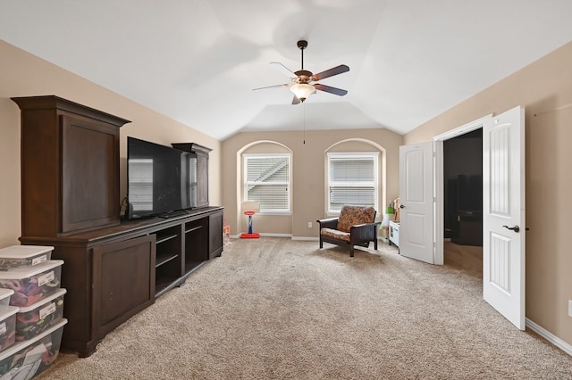 19443 Alton Springs Dr, Cypress, TX 77433 - sitting room featuring a ceiling fan, light carpet, and lofted ceiling