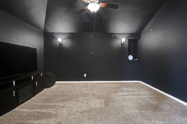 19443 Alton Springs Dr, Cypress, TX 77433 - carpeted home theater room featuring ceiling fan and lofted ceiling