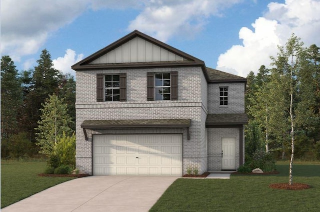 16922 Needlepoint Dr, Conroe, TX 77302 - view of front of house featuring brick siding, concrete driveway, an attached garage, a front yard, and board and batten siding