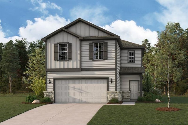 16906 Needlepoint Dr, Conroe, TX 77302 - craftsman house with board and batten siding, driveway, an attached garage, a front yard, and stone siding