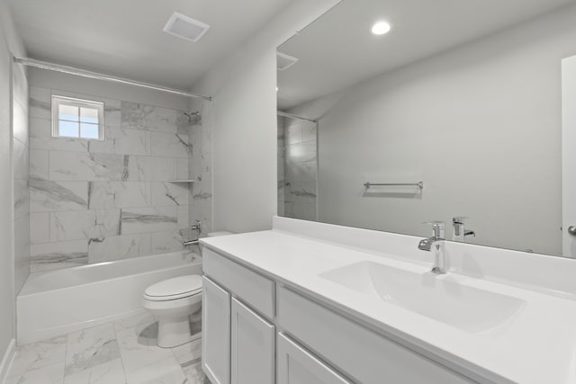 11102 Gardenia Creek Dr, Houston, TX 77044 - bathroom featuring vanity, bathing tub / shower combination, marble look tiles, and recessed lighting