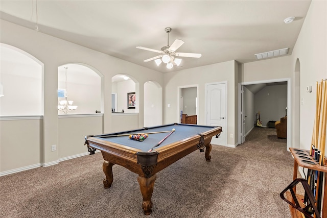 1115 Tydeman Ct, Katy, TX 77494 - rec room with carpet flooring, arched walkways, ceiling fan, and billiards