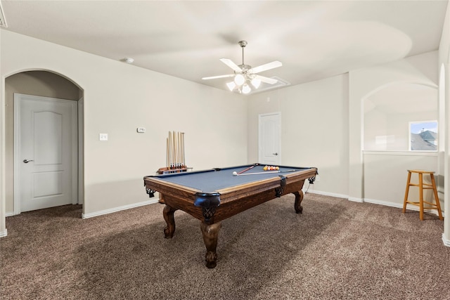 1115 Tydeman Ct, Katy, TX 77494 - recreation room featuring carpet floors, ceiling fan, pool table, and arched walkways