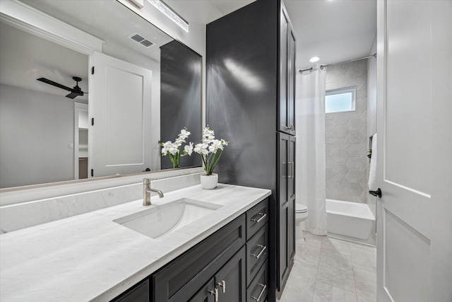 608 E 25th St, Houston, TX 77008 - full bath with vanity, marble finish flooring, a ceiling fan, shower / bath combo with shower curtain, and recessed lighting