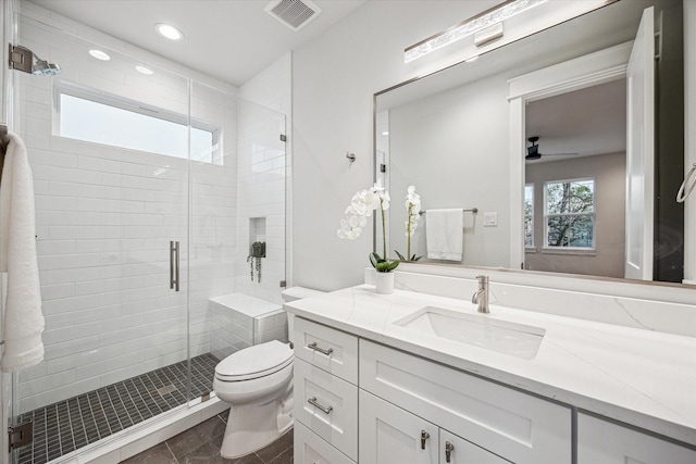 608 E 25th St, Houston, TX 77008 - full bathroom with vanity, a stall shower, a ceiling fan, and recessed lighting