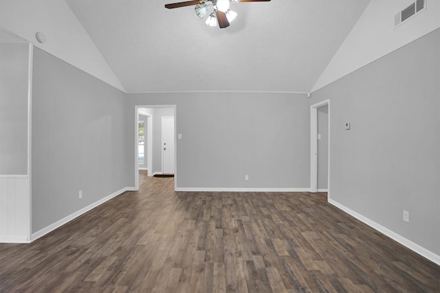 9611 Huntington Hill Dr, Houston, TX 77099 - empty room with vaulted ceiling, a ceiling fan, and dark wood-style flooring