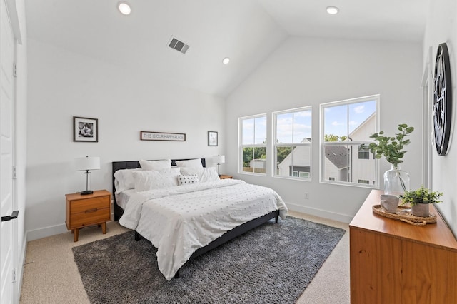 8321 Springwood Creek Ln, Houston, TX 77055 - bedroom featuring light colored carpet, high vaulted ceiling, and recessed lighting