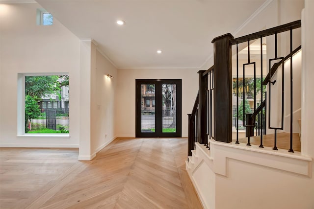 4316 Dickson St, Houston, TX 77007 - entrance foyer featuring stairs, healthy amount of natural light, crown molding, french doors, and recessed lighting