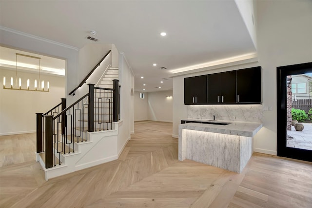 4316 Dickson St, Houston, TX 77007 - kitchen featuring dark cabinetry, recessed lighting, light countertops, backsplash, and pendant lighting