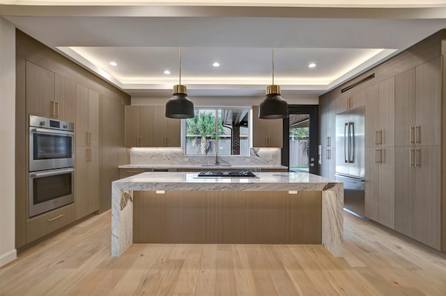 4316 Dickson St, Houston, TX 77007 - kitchen featuring stainless steel appliances, a raised ceiling, a kitchen island, light wood finished floors, and recessed lighting