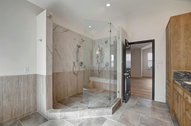 4316 Dickson St, Houston, TX 77007 - full bath with a marble finish shower, vanity, and recessed lighting