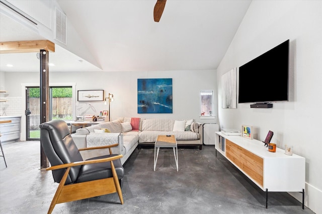 402 E 25th St, Houston, TX 77008 - living room with concrete flooring, vaulted ceiling, ceiling fan, and recessed lighting