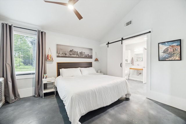 402 E 25th St, Houston, TX 77008 - bedroom featuring finished concrete flooring, a barn door, ensuite bath, a ceiling fan, and high vaulted ceiling